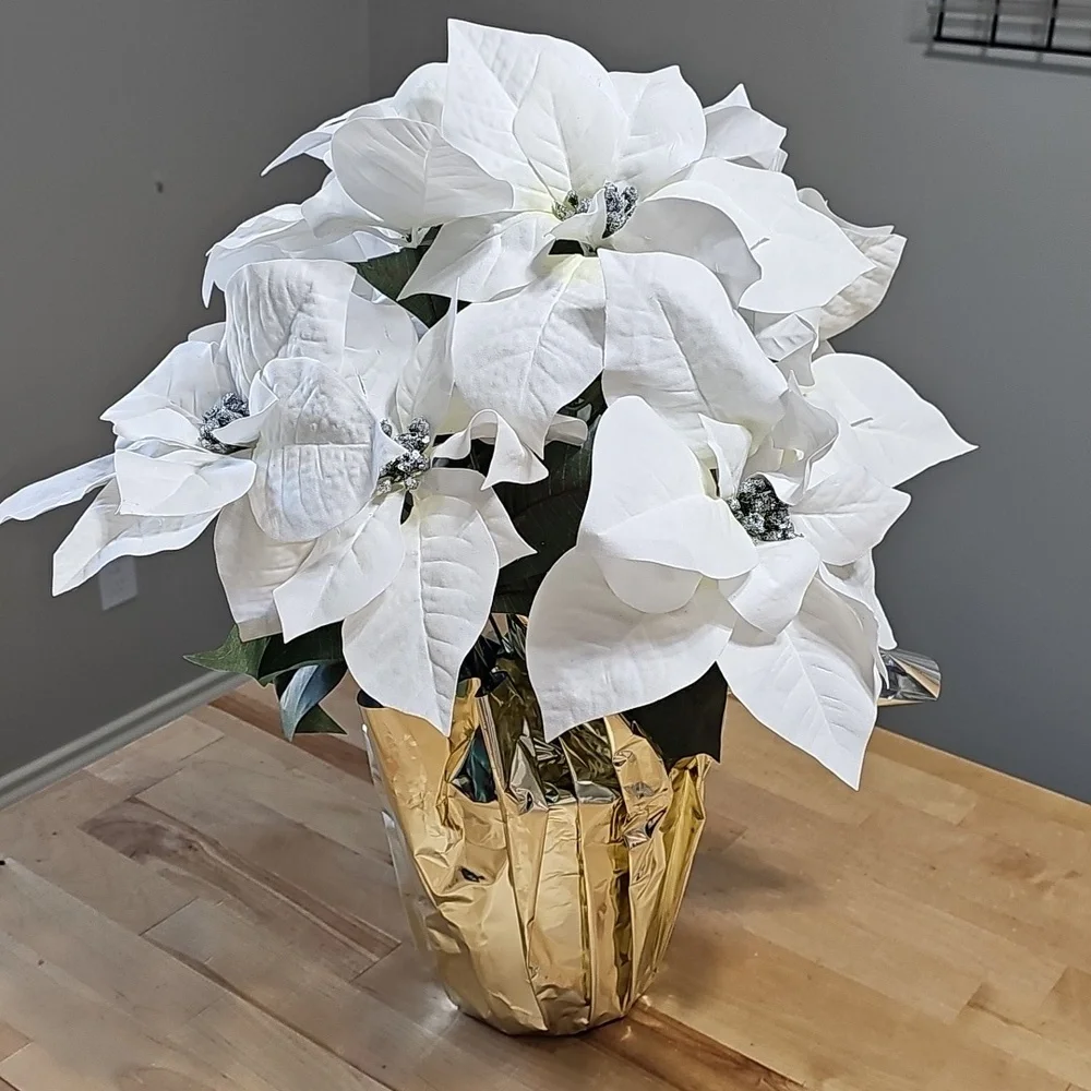 🎄 Large White Silk Poinsettia Arrangement Gold Foil Pot